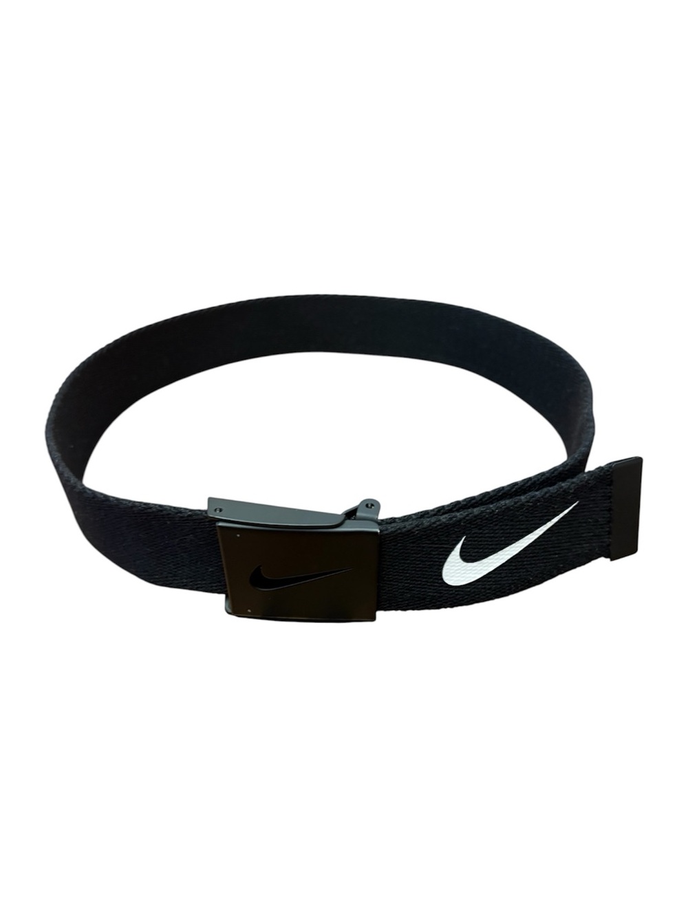 Nike Black Web Belt with White Swoosh and Matte Buckle